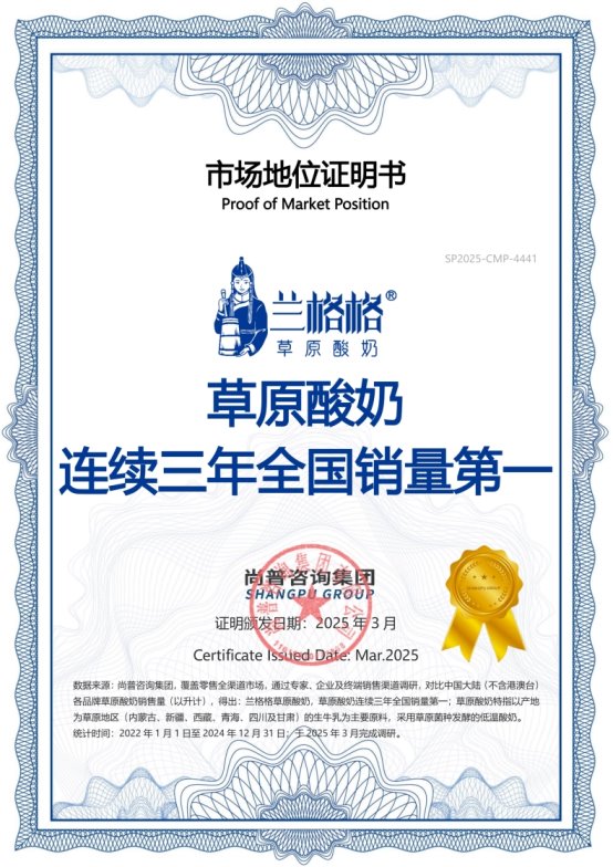 兰格格荣获“草原酸奶连续三年全国销量第一”等权威证明认可